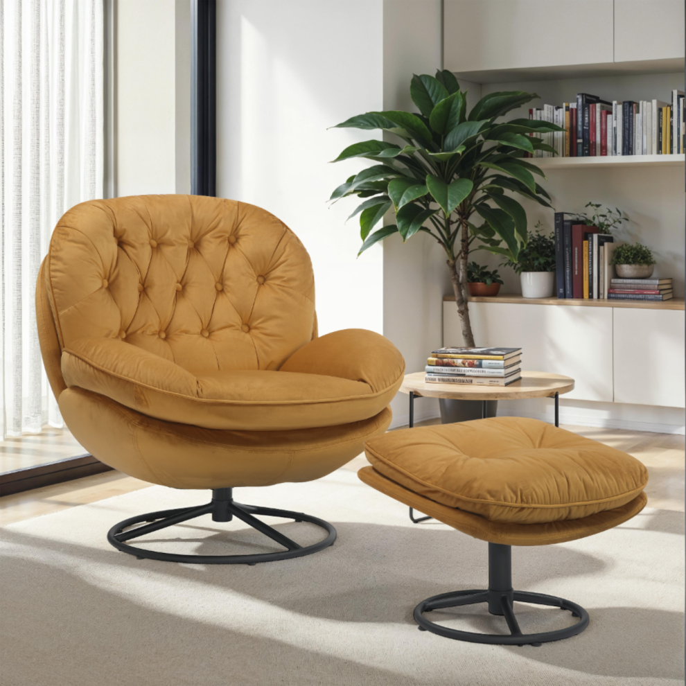 Velvet Gold Azura Swivel Accent Chair with Footstool