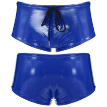 (Bleu-L) Maillot de bain moulant en cuir pour homme, taille basse, avec cordon de serrage, brillant,
