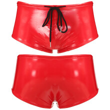 (Rouge-XL) Maillot de bain moulant en cuir pour homme, taille basse, avec cordon de serrage, brillant,