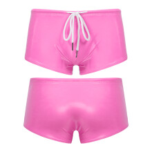 (Rose-4XL) Maillot de bain moulant en cuir pour homme, taille basse, avec cordon de serrage, brillant,