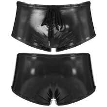 (Noir-XXL) Maillot de bain moulant en cuir pour homme, taille basse, avec cordon de serrage, brillant,