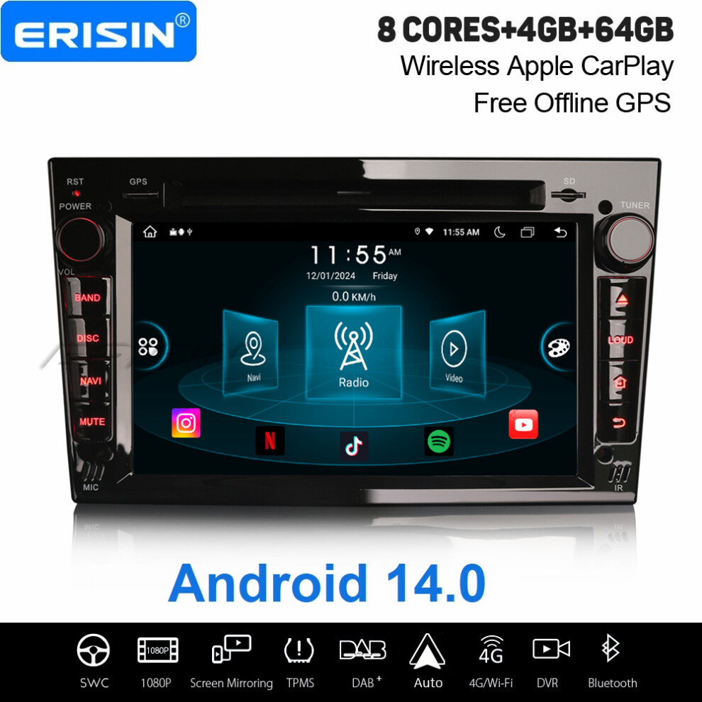 Erisin 8-Core 64Gb Android 14 Car Stereo Gps Opel Vauxhall Vectra Corsa D Zafira Astra H Signum Antara Carplay Wifi Dab+