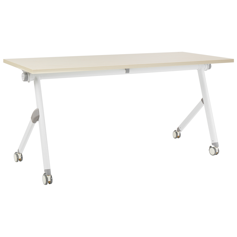 Folding Office Desk with Casters 160 x 60 cm Light Wood and White BENDI