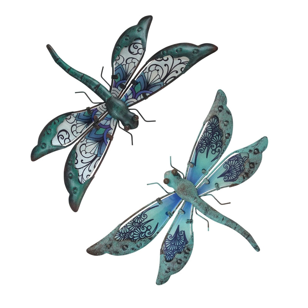 Metal Dragonfly Wall Decor Glass Outdoor Wall Art Hanging Garden Decorations for Living Room (Dragonfly a pair)