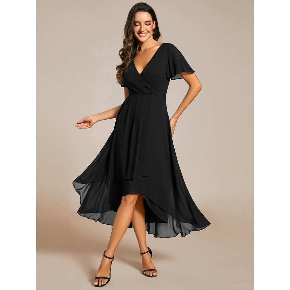 (black, M) Ever-pretty Women&apos;s V-neck Midi Chiffon High-low Hem Wedding Guest Dress With Ruffles Sleeve