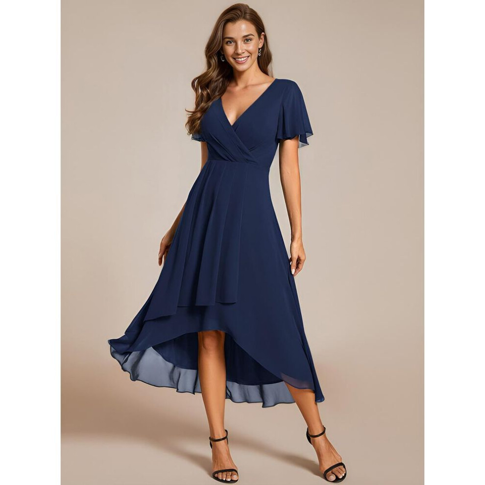 (navy blue, 4XL) Ever-pretty Women&apos;s V-neck Midi Chiffon High-low Hem Wedding Guest Dress With Ruffles Sleeve
