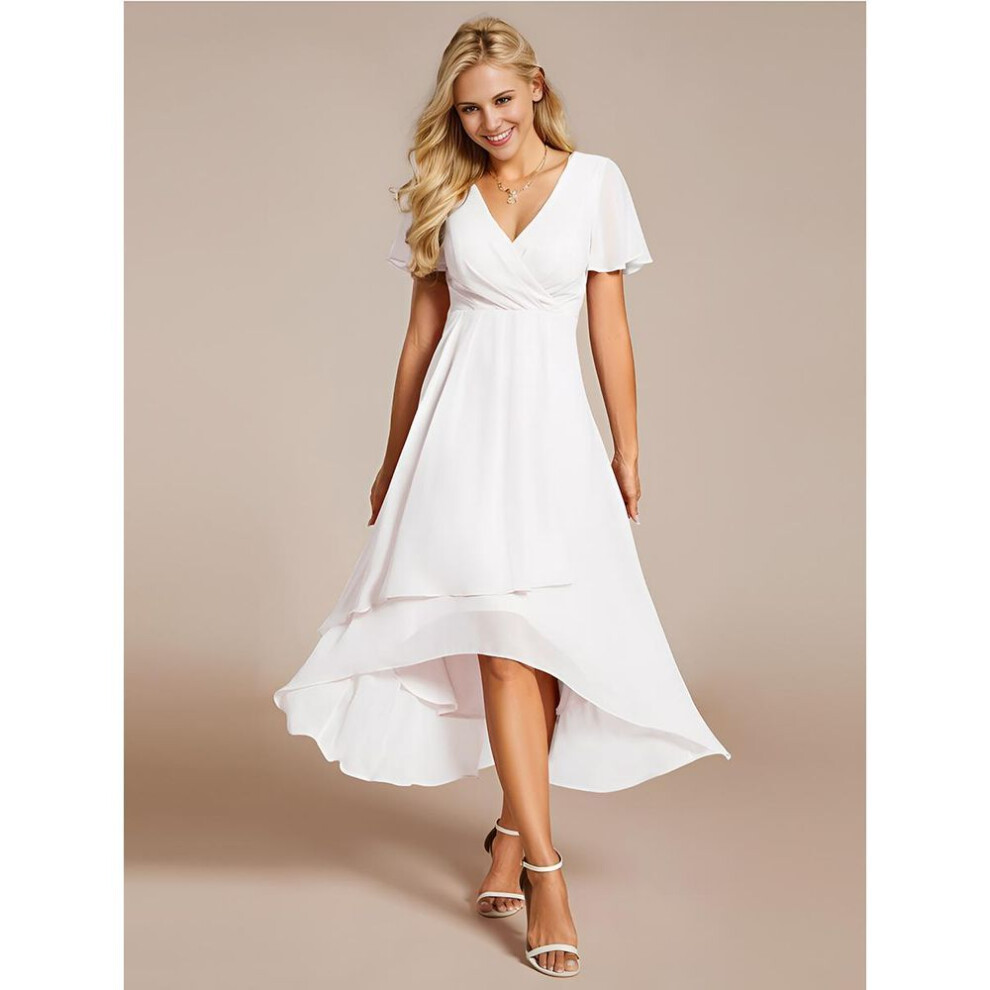 (white, 3XL) Ever-pretty Women&apos;s V-neck Midi Chiffon High-low Hem Wedding Guest Dress With Ruffles Sleeve