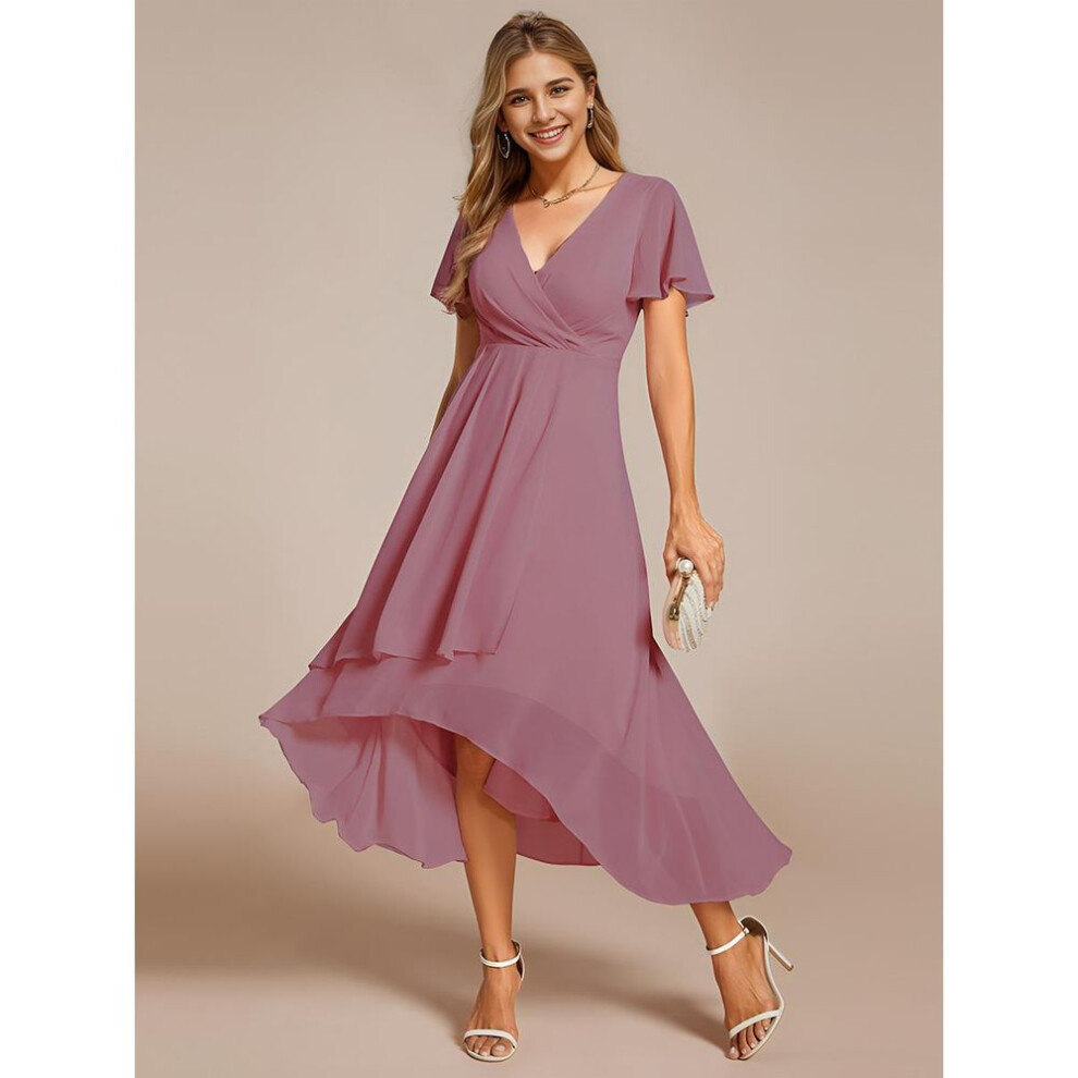 (orchid, 2XL) Ever-pretty Women&apos;s V-neck Midi Chiffon High-low Hem Wedding Guest Dress With Ruffles Sleeve