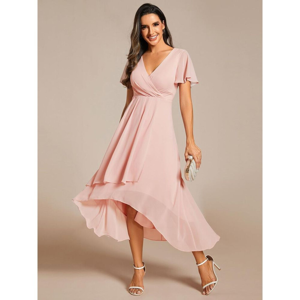 (pink, S) Ever-pretty Women&apos;s V-neck Midi Chiffon High-low Hem Wedding Guest Dress With Ruffles Sleeve