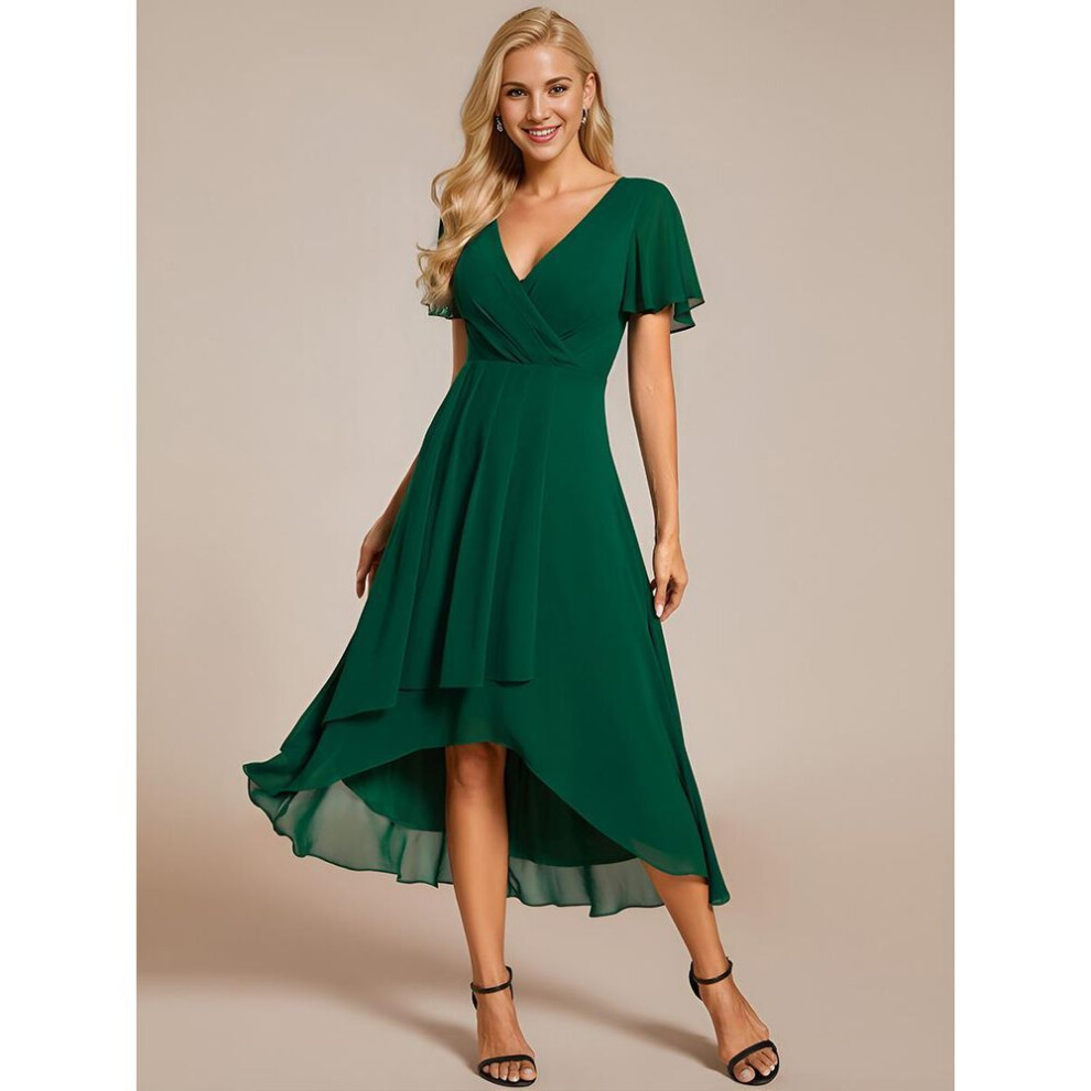 (dark green, M) Ever-pretty Women&apos;s V-neck Midi Chiffon High-low Hem Wedding Guest Dress With Ruffles Sleeve