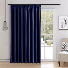 (Plain Pencil Pleat Blue) 100% Blackout Door Curtains Thermal Insulted Single Panel Curtain + TieBack