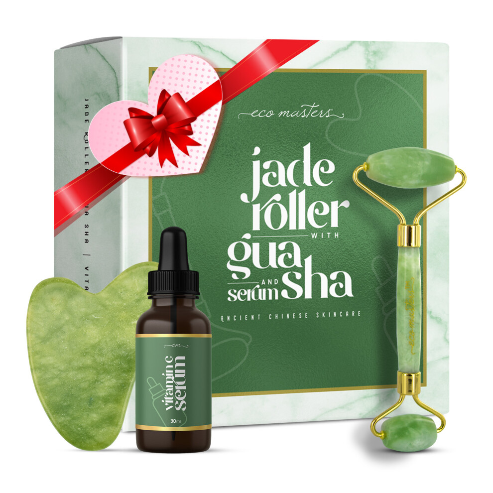 Jade Roller and Gua Sha Set with Vitamin C Serum - Natural Massager