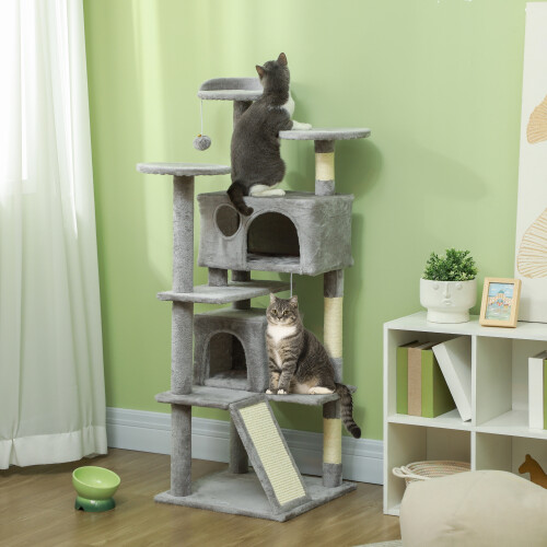 PawHut PawHut 138cm Cat Tower with Scratching Posts Bed Condo Platform, Light Grey
