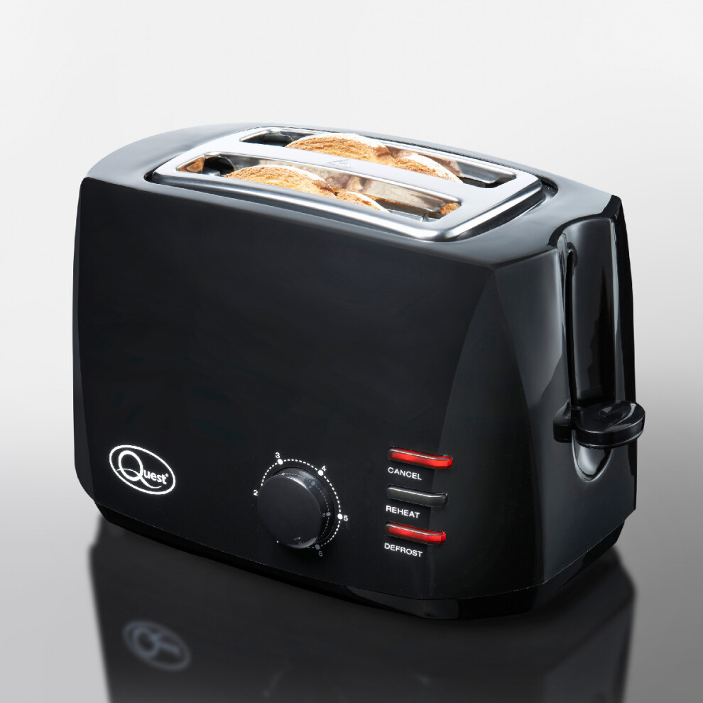 (Black) Quest 2 Slice Toasters with Extra Wide Slots / 6 Browning Levels / Reheat & Defrost / Crumb Tray & Cord Storage / 800W