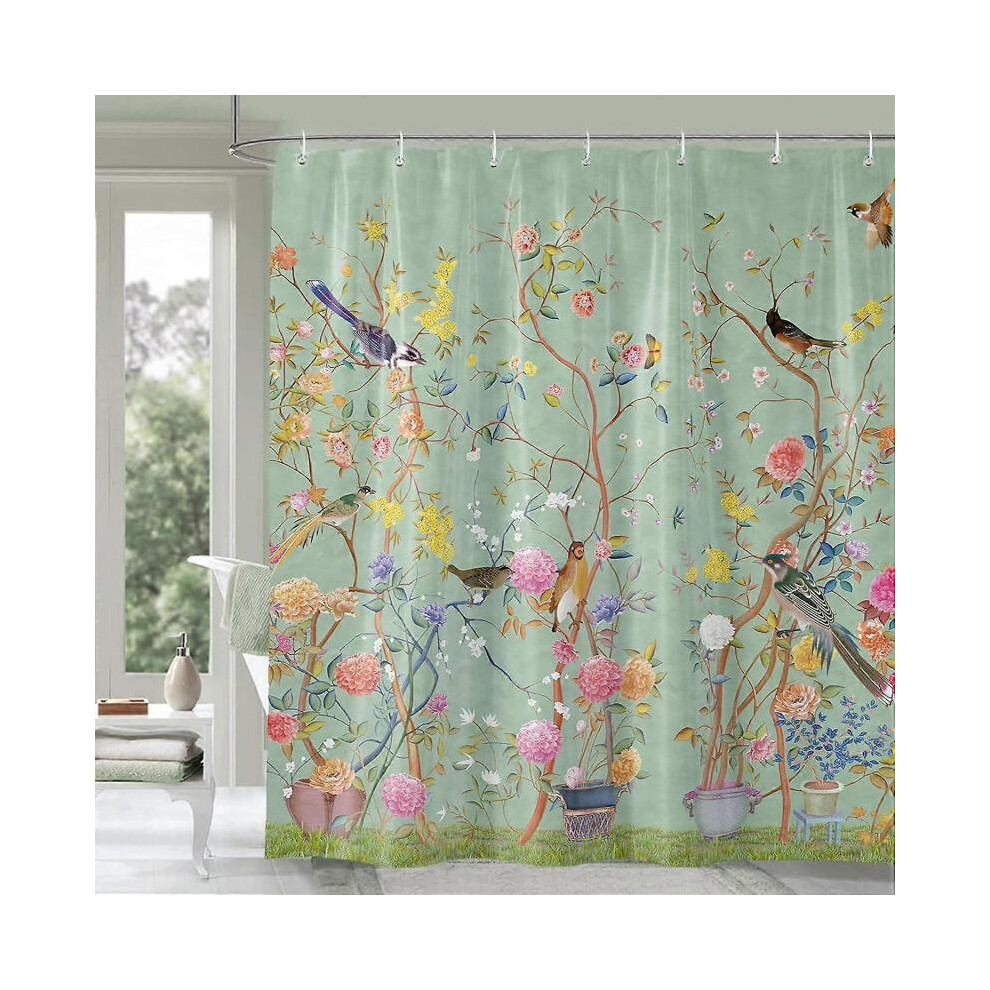 Shower Curtain Green Mould Proof Resistant Waterproof Bird Floral Bathroom Curtains with 12 hooks Quick-Drying Weighted 180x180cm (71x71Inch) Polyeste