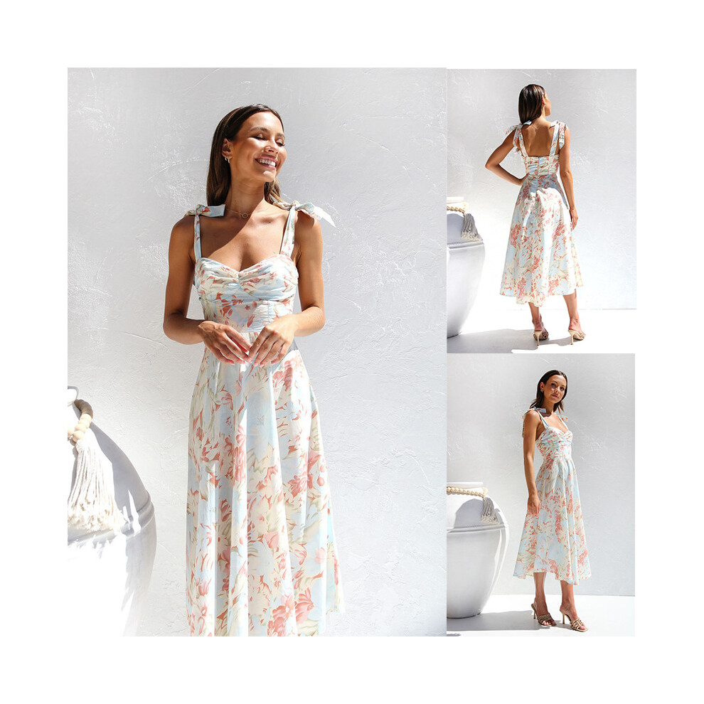 (apricot, L) 2025 new Slim and thin waisted V-neck halter print medium-length dress female