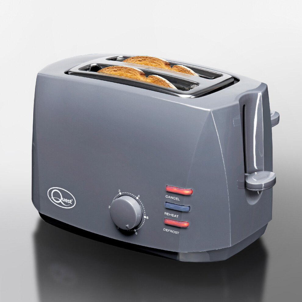 (Grey) Quest 2 Slice Toasters with Extra Wide Slots / 6 Browning Levels / Reheat & Defrost / Crumb Tray & Cord Storage / 800W