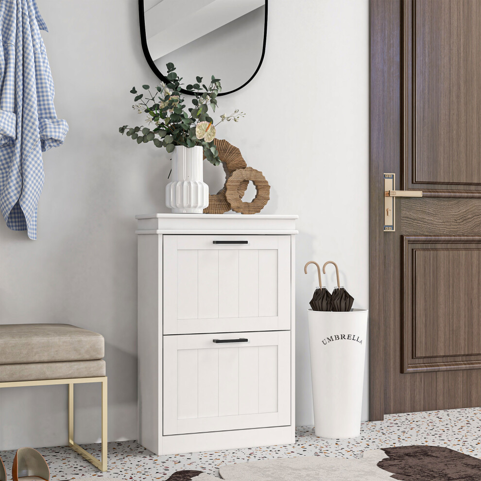 HOMCOM Shoe Storage Cabinet with Adjustable Shelves Drawers for Entryway in White - Image 2