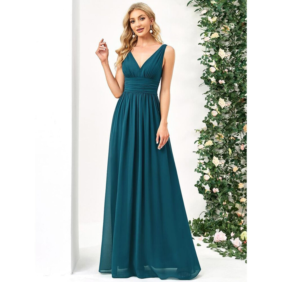 (teal, 8XL) Ever-pretty Women&apos;s Chiffon Pleated Double V-neck Maxi Evening Dresses Sleeveless Bridesmaid Dress