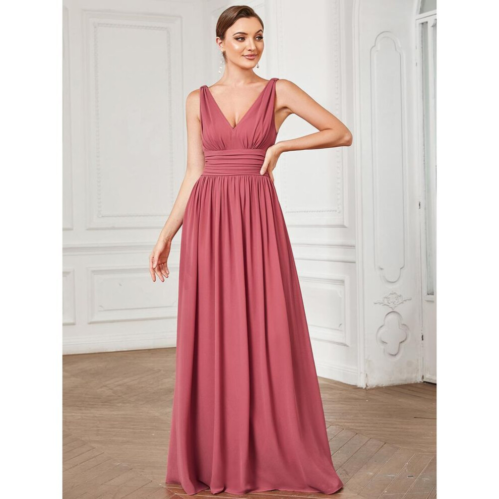 (cameo pink, 8XL) Ever-pretty Women&apos;s Chiffon Pleated Double V-neck Maxi Evening Dresses Sleeveless Bridesmaid Dress