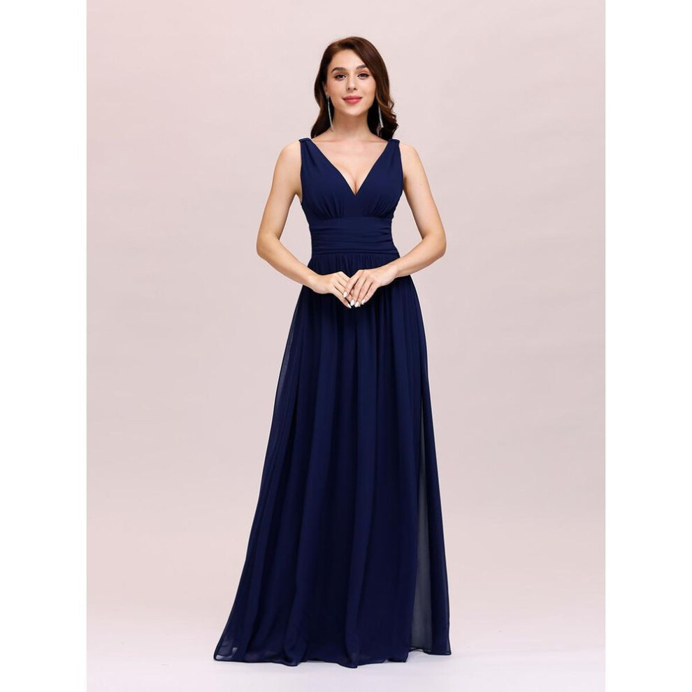 (navy blue, 5XL) Ever-pretty Women&apos;s Chiffon Pleated Double V-neck Maxi Evening Dresses Sleeveless Bridesmaid Dress