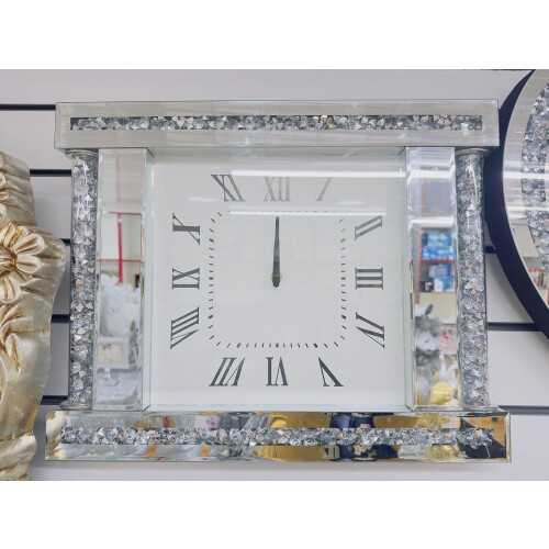 Silver Crystal Crush Diamond Square Wall ClockMirroredGlass