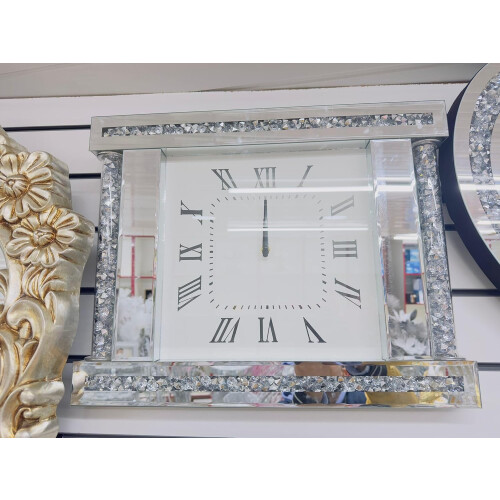 Silver Crystal Crush Diamond Square Wall ClockMirroredGlass 2