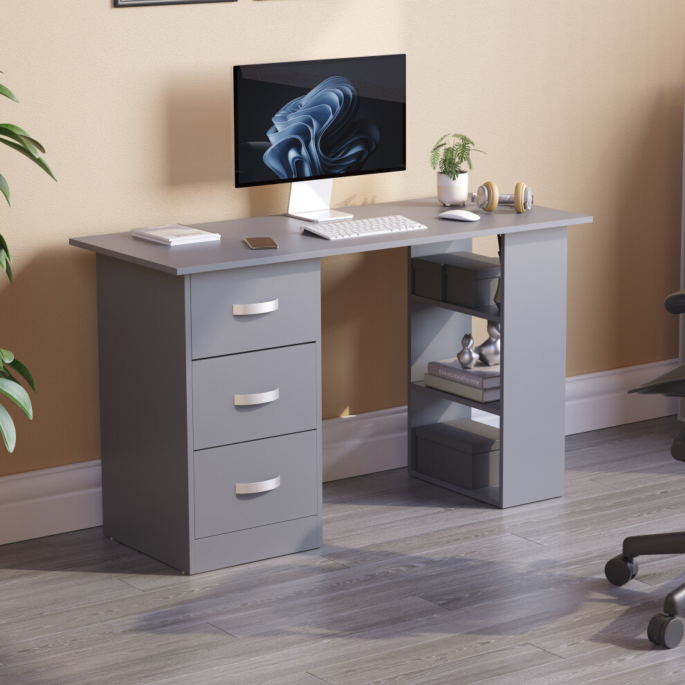 (Grey) Mason 3 Drawer Shelf Computer Desk PC Office Study
