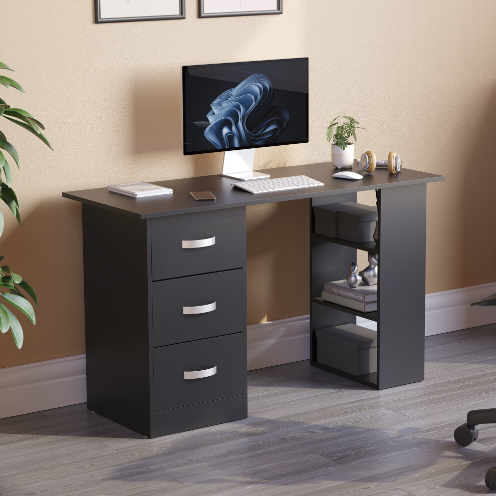 (Black) Mason 3 Drawer Shelf Computer Desk PC Office Study-image-OPC-P5SNN6S-NEW