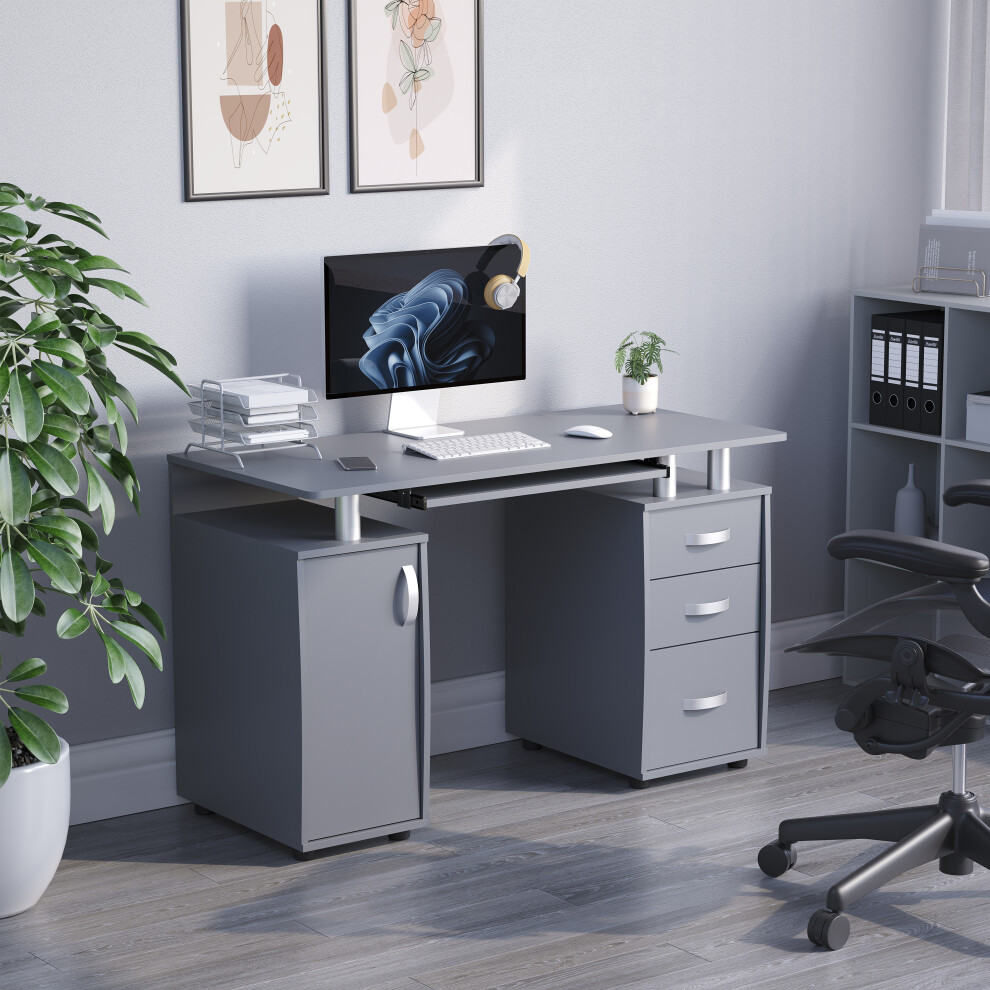 (Grey) Otley 3 Drawer Computer Desk PC Office Workstation