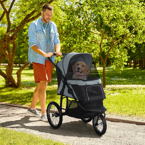 PawHut PawHut 3 Wheel Pet Stroller, for Medium Small Dogs, Foldable Cat Pram - Grey