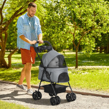 PawHut Pet Stroller Foldable Travel Carriage w/ Brake Basket Canopy, Grey