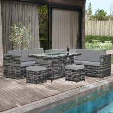 Alivio 8-Seater Rattan Garden Sofa Set with Fire Pit Coffee Table &amp; Anti-UV Cushions for Outdoor and Indoor Use (Grey)