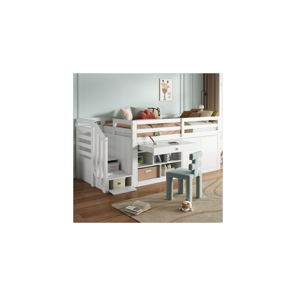 Multifunctional wooden children's bed with stairs and storage space,drawers reversible and usable as a desk, no mattress, white