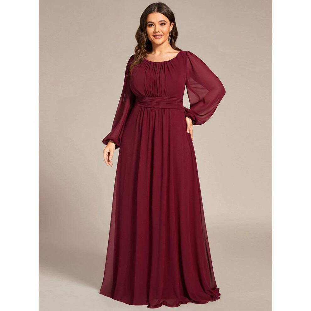 (burgundy, 5XL) Ever-pretty Plus Size Women&apos;s Round Neck Long Lantern Sleeve Chiffon Pleated Long Autumn Evening Party Dresses