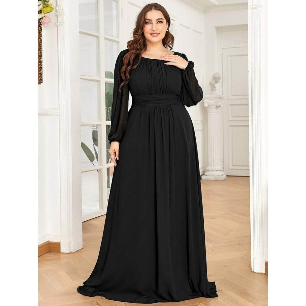 (black, 5XL) Ever-pretty Plus Size Women&apos;s Round Neck Long Lantern Sleeve Chiffon Pleated Long Autumn Evening Party Dresses