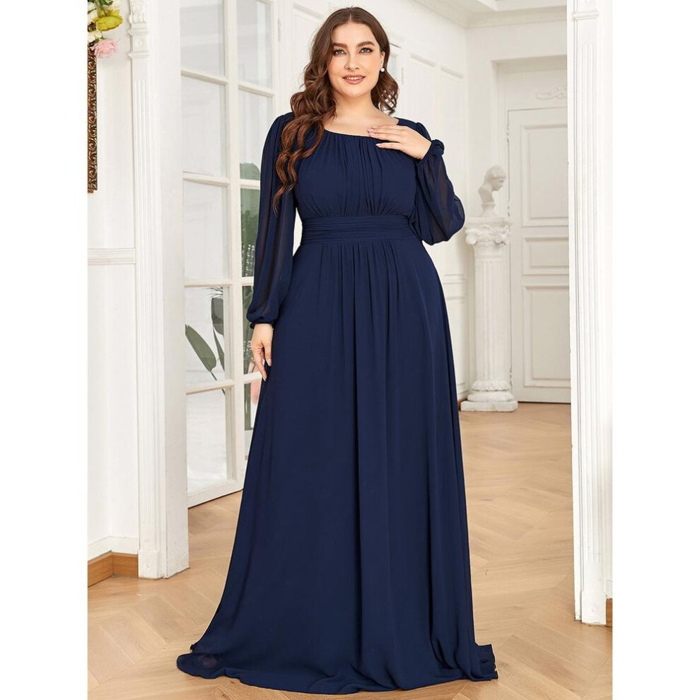 (navy blue, 9XL) Ever-pretty Plus Size Women&apos;s Round Neck Long Lantern Sleeve Chiffon Pleated Long Autumn Evening Party Dresses
