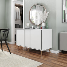 ( White Carcass + White Doors , Pine legs) 3-Door Sliding Cabinet Sideboard Storage Organiser Home Cupboard on Wooden Legs