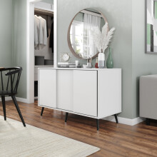 ( White Carcass + White Doors , Black legs) 3-Door Sliding Cabinet Sideboard Storage Organiser Home Cupboard on Wooden Legs