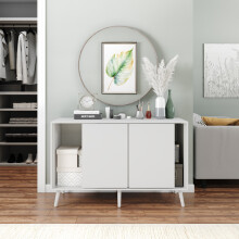 ( White Carcass + White Doors , White legs) 3-Door Sliding Cabinet Sideboard Storage Organiser Home Cupboard on Wooden Legs