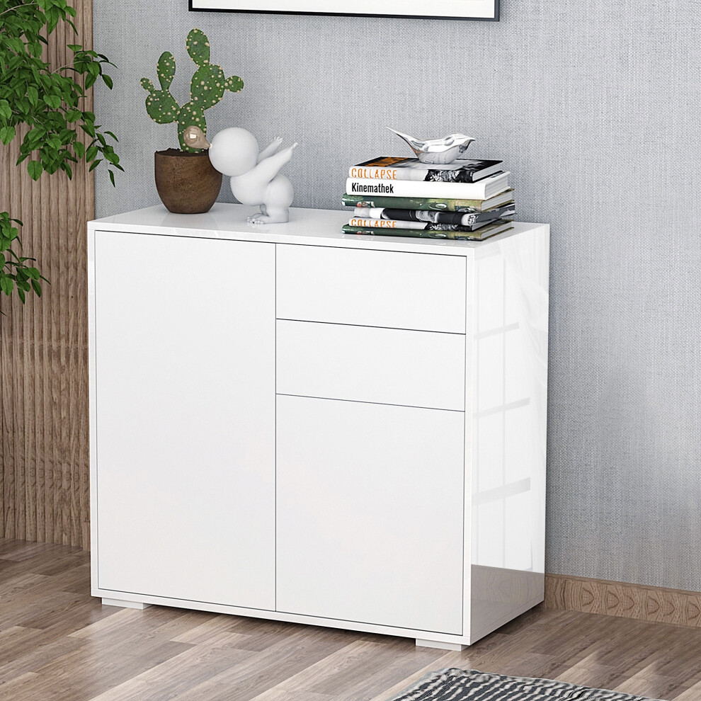 Homcom White Side Cabinet With 2 Drawers & 2 Doors, Glossy Top, Adjustable Shelves, Anti-Tip
