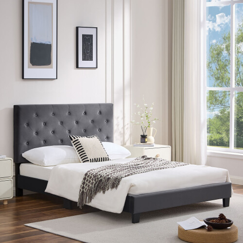 (King (150×200cm), Grey) Bed Frame Upholstered Platform Bed with Adjustable Headboard & Lifting Storage