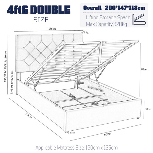 (Double (135×190cm), Grey) Bed Frame Upholstered Platform Bed with Adjustable Headboard & Lifting Storage 1