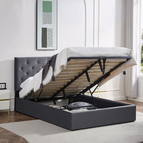 (King (150×200cm), Grey) Bed Frame Upholstered Platform Bed with Adjustable Headboard & Lifting Storage
