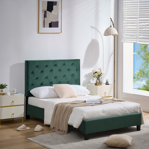 (Double (135×190cm), Green) Bed Frame Upholstered Platform Bed with Adjustable Headboard & Lifting Storage