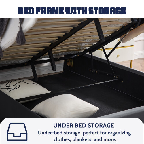 (King (150×200cm), Grey) Bed Frame Upholstered Platform Bed with Adjustable Headboard & Lifting Storage 2