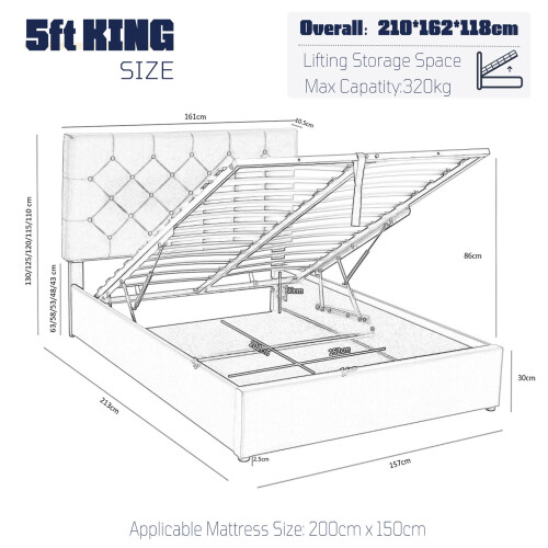 (King (150×200cm), Grey) Bed Frame Upholstered Platform Bed with Adjustable Headboard & Lifting Storage 1