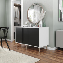 ( White Carcass + Black Doors , Beech legs) 3-Door Sliding Cabinet Sideboard Storage Organiser Home Cupboard on Wooden Legs