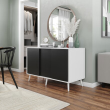 ( White Carcass + Black Doors , White legs) 3-Door Sliding Cabinet Sideboard Storage Organiser Home Cupboard on Wooden Legs