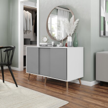( White Carcass + Grey Doors , Pine legs) 3-Door Sliding Cabinet Sideboard Storage Organiser Home Cupboard on Wooden Legs